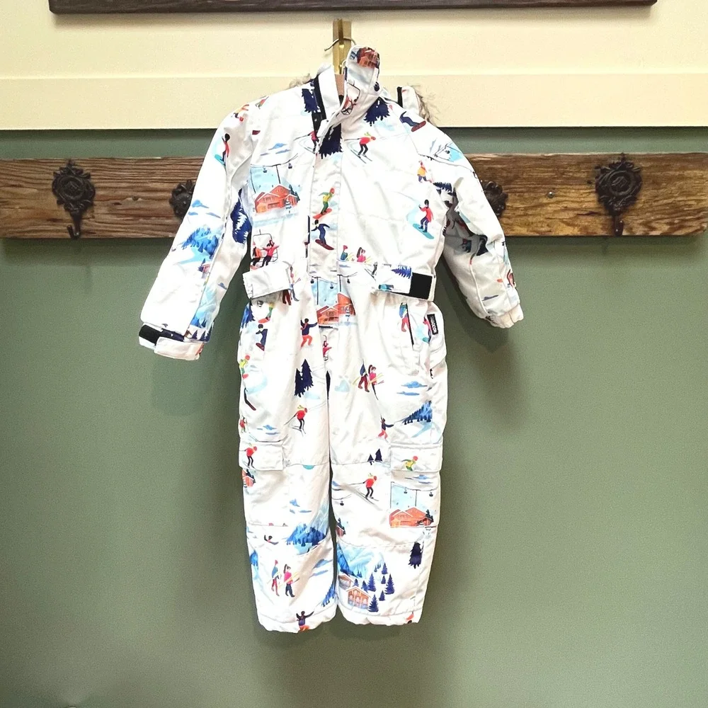 SNBOCON Kids White Ski Snowboard Print One Piece Insulated Snow Suit Size 110